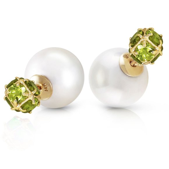 14K. GOLD TRIBAL DOUBLE SHELL PEARLS AND PERIDOTS STUD EARRINGS (Yellow Gold) - Picture 3 of 6